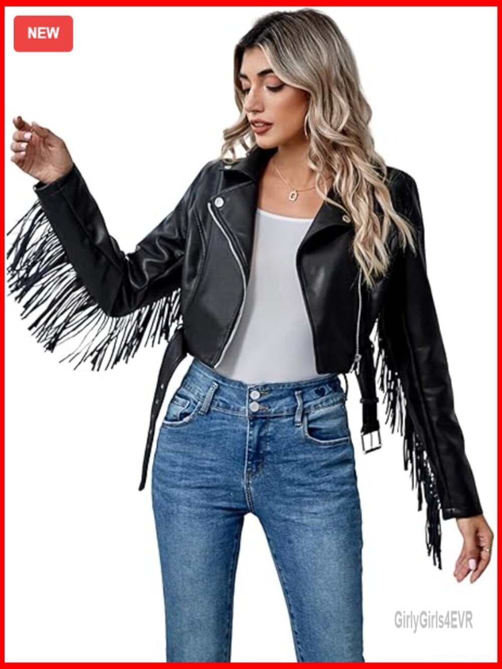 Short Faux Leather Moto Jacket with Tassel Trim and Belted Waist